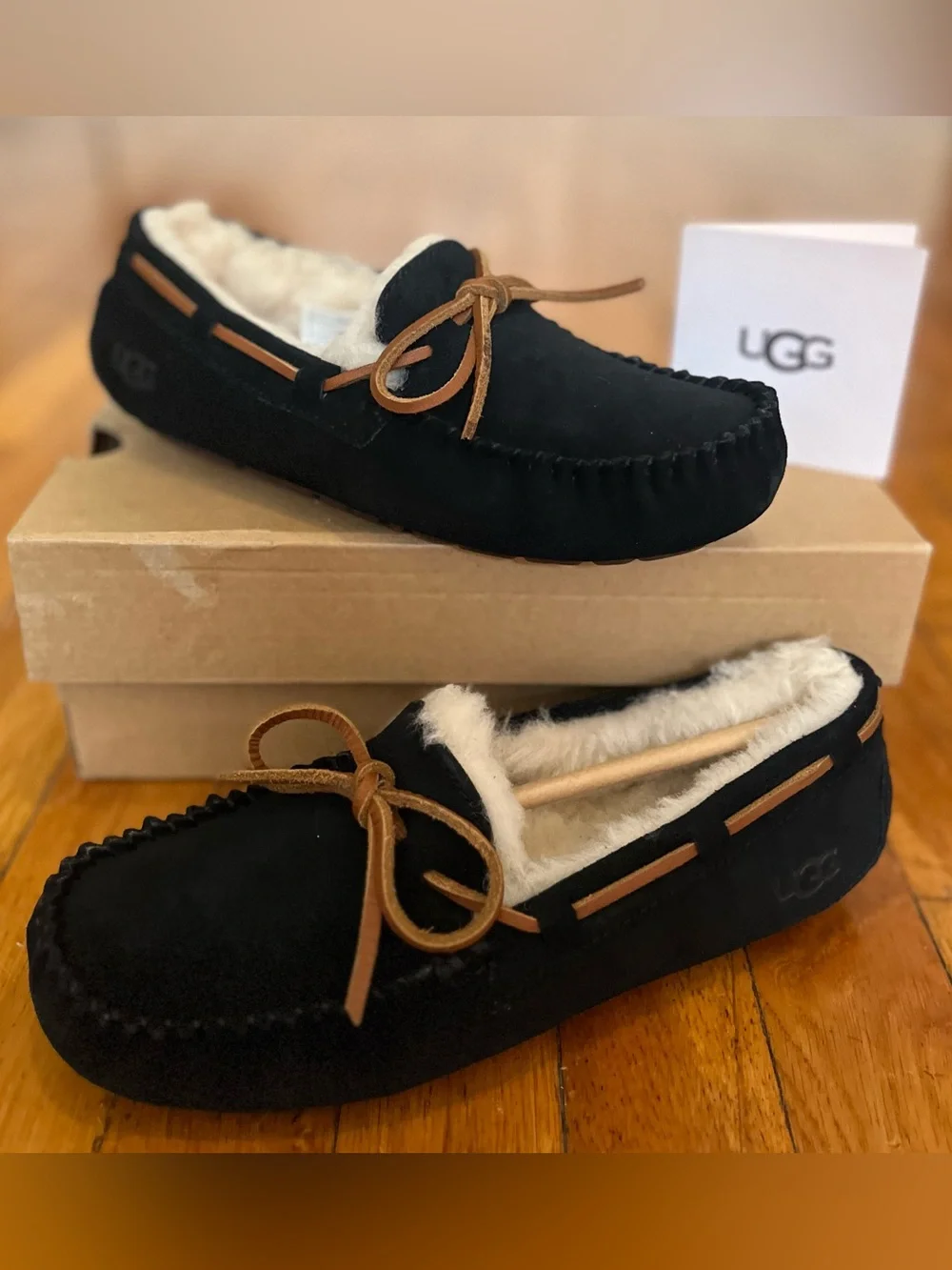 UGG Black Suede Moccasin Slippers with Tan Leather Laces and Cream Shearling
